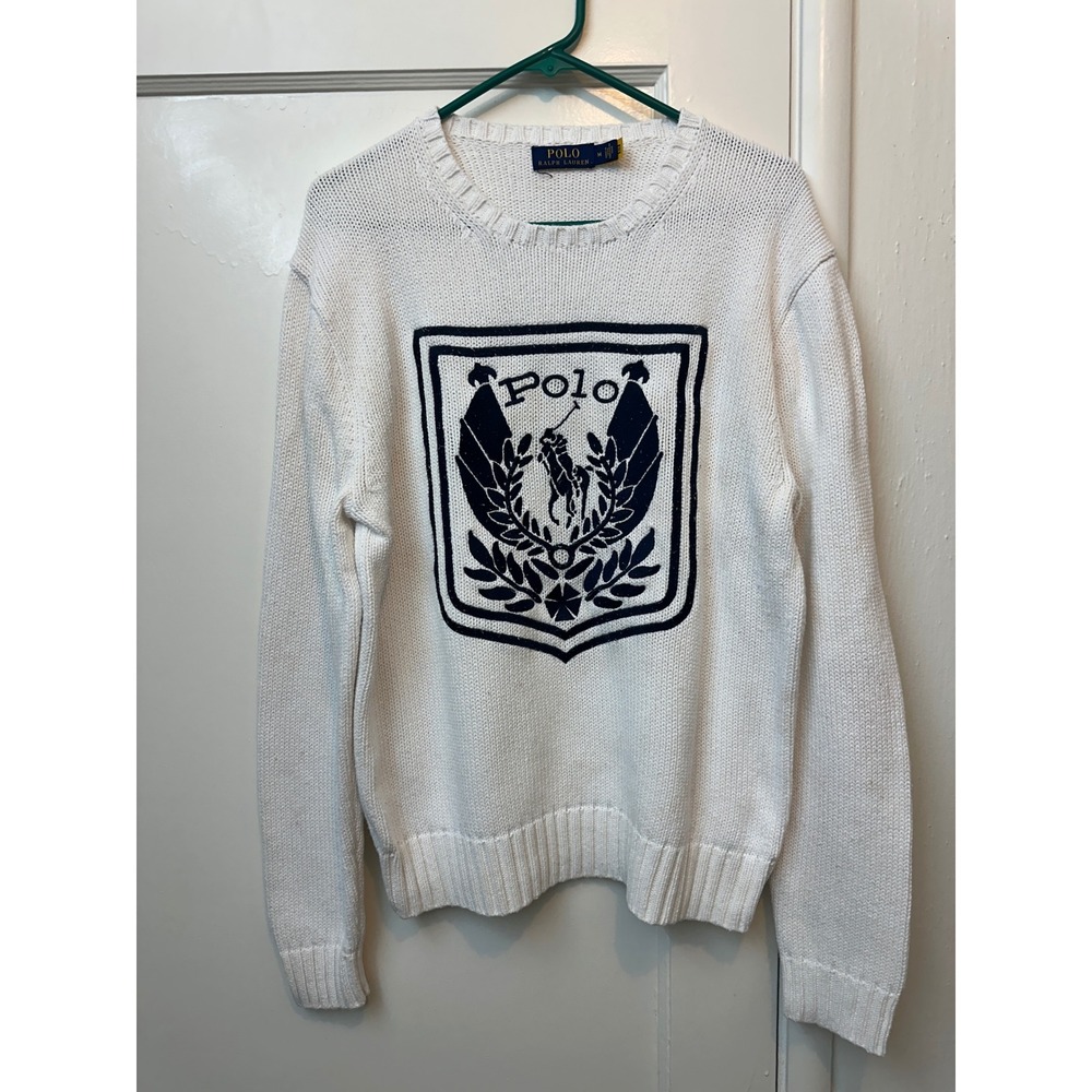 Polo Ralph Lauren Mens White Cotton Crest Logo Knit Sweater M RLMWB-GLC23-S